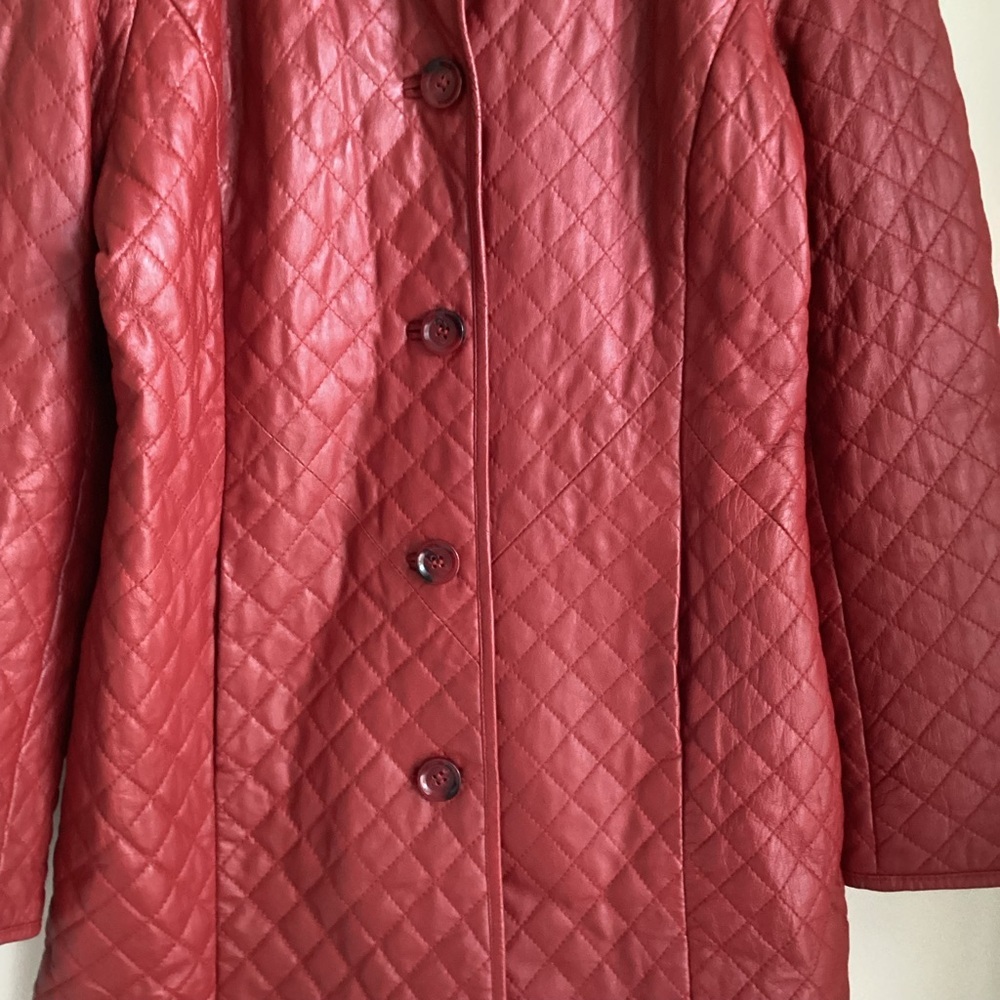Vintage Neiman Marcus Leather Coat Womens Large Burgundy Red Diamond Pattern - Picture 2 of 16